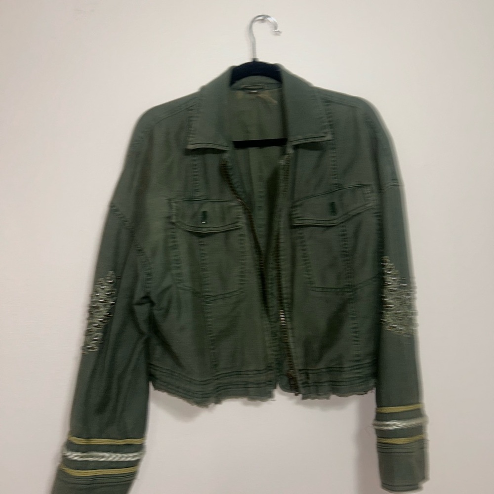 Free People Olive Green Embroidered Jean Jacket